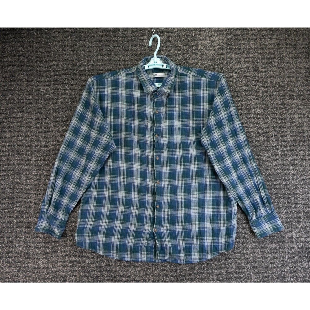 Peter Millar Shirt Mens XL Blue Gray Plaid Flannel Cotton Long Sleeve Cabincore